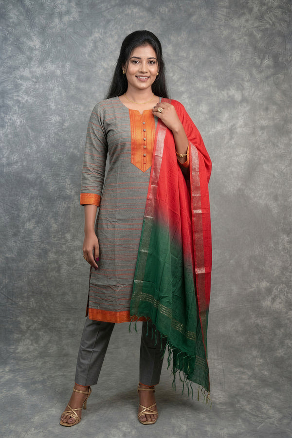 Slate Grey Cotton Chudithar Set | Brocade Yoke Ombre Dupatta | Office & Casual Daily Wear