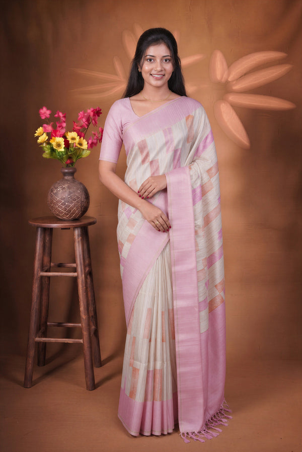 Tussar Silk Saree | Contemporary Abstract Print with Tasseled Baby Pink Border | Casual Ethnic Wear