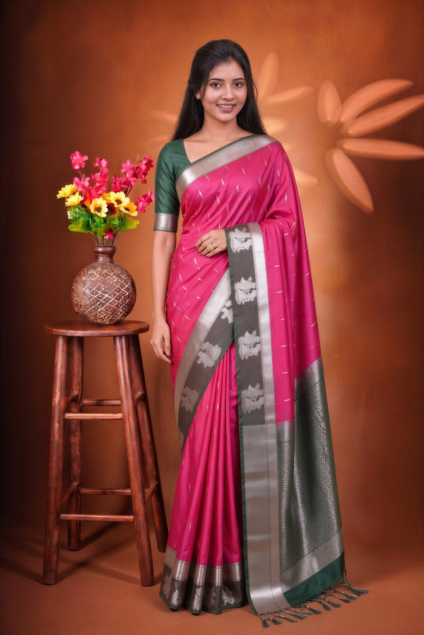 Rani Pink Soft Silk Saree | Bottle Green Contrast Pallu with Silver Elephant Motifs | Festive Wedding Saree