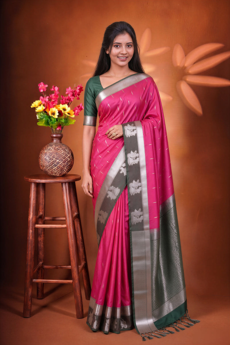 Rani Pink Soft Silk Saree | Bottle Green Contrast Pallu with Silver Elephant Motifs | Festive Wedding Saree