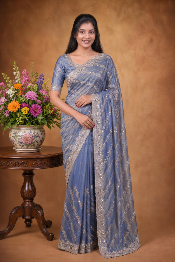 Blue Designer Saree | Twill Net Embroidered Saree for Wedding & Reception