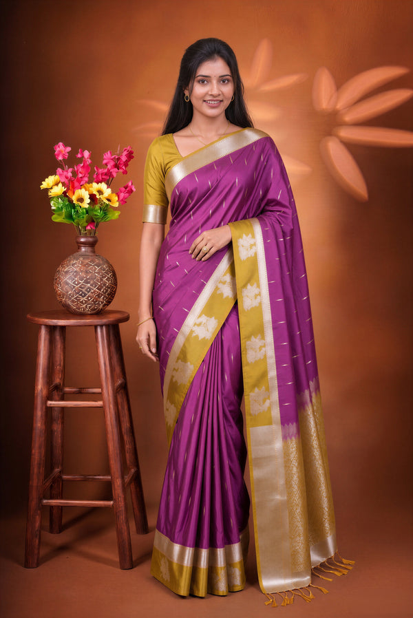 Magenta Soft Silk Saree | Mustard Olive Contrast Pallu with Golden Motifs | Festive Wedding Saree