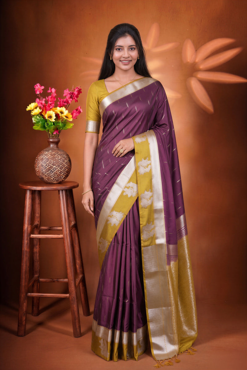 Wine Soft Silk Saree | Mustard Gold Contrast Pallu with Silver Motifs | Festive Wedding Saree