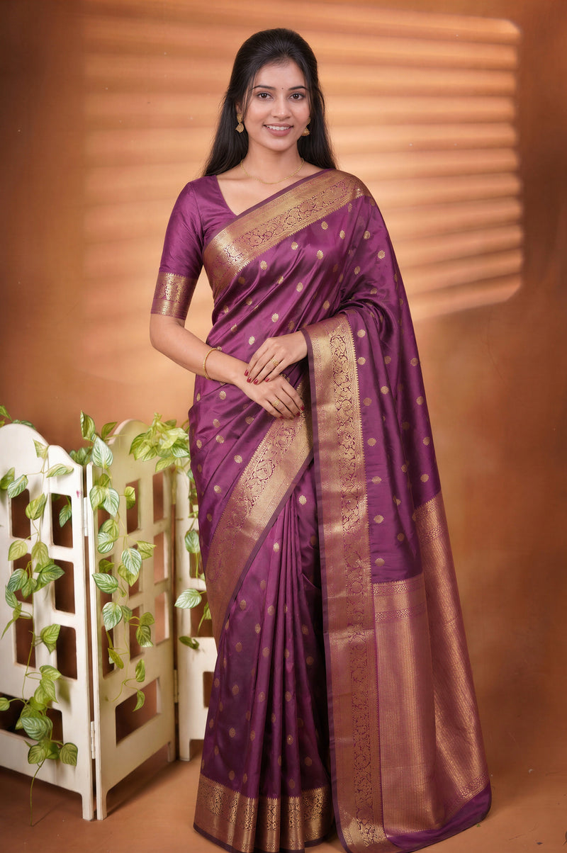 Wine Fancy Cotton Saree | Gold Zari Butta with Rich Woven Border & Pallu | Festive & Function Wear
