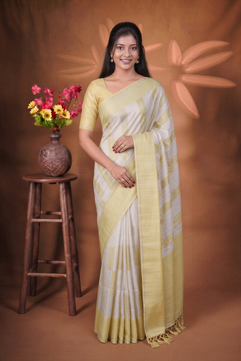 Ivory Tussar Silk Saree | Pale Yellow Geometric Print with Contrast Border | Office & Daily Wear