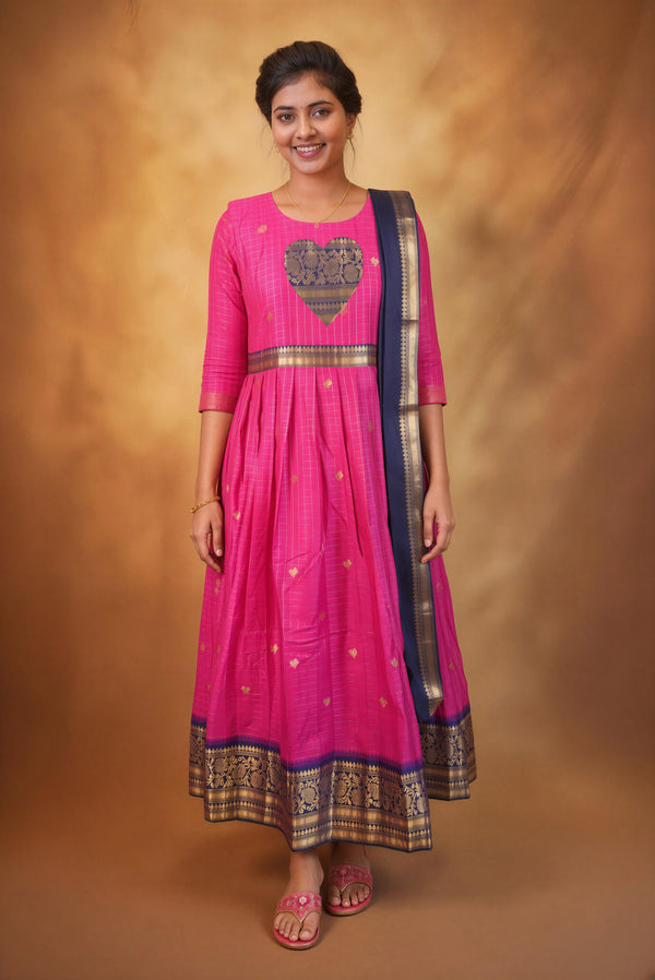 Pink Girls Frock | Heart Shape Zari Neckline & Navy Pallu | Festive & Party Wear