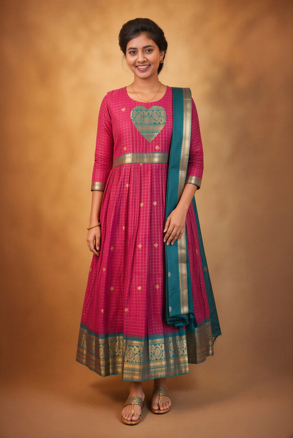 Pink Checks Girls Frock | Teal Blue Zari Border Saree Pallu | Traditional Occasion Wear