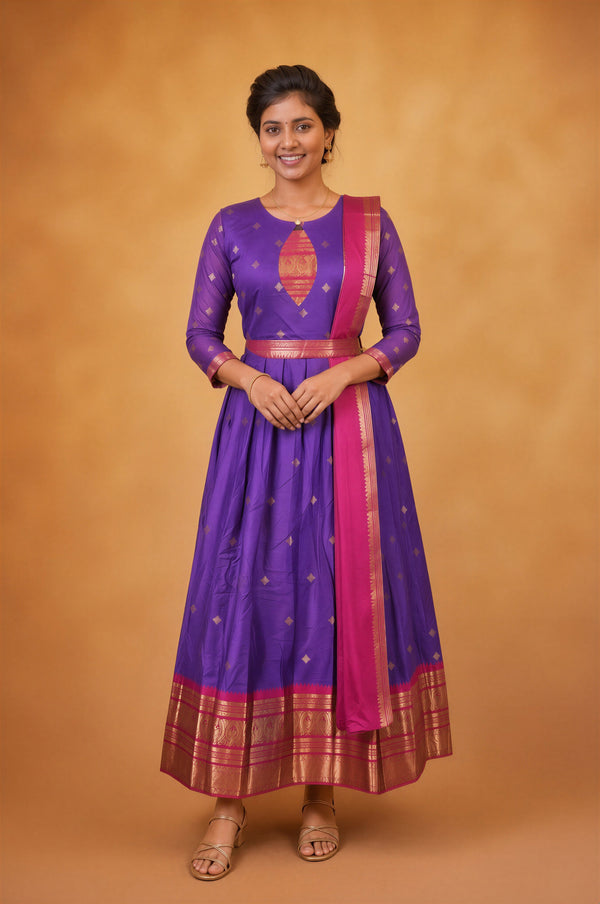 Purple & Pink Girls Frock | Saree Style Zari Pallu | Festive & Party Wear