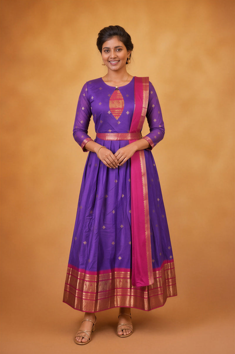 Purple & Pink Girls Frock | Saree Style Zari Pallu | Festive & Party Wear