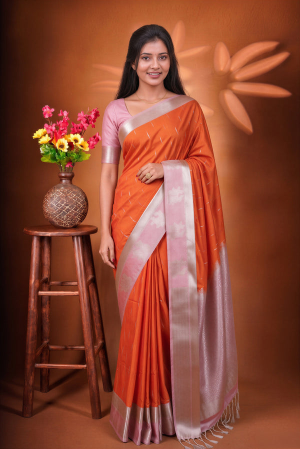 Orange Soft Silk Saree | Baby Pink Contrast Pallu with Silver Motifs | Festive Wedding Saree