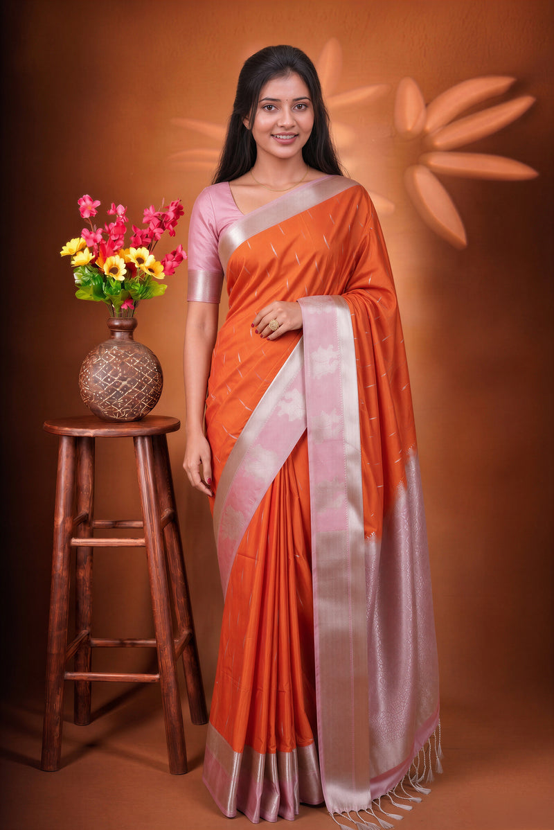 Orange Soft Silk Saree | Baby Pink Contrast Pallu with Silver Motifs | Festive Wedding Saree