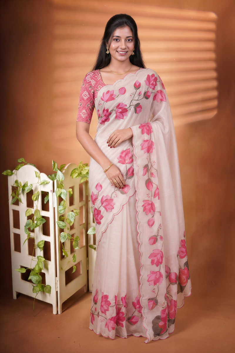 Cream Organza Silk Saree | Pink Lotus Print with Scalloped Cutwork Border & Sequin Detail | Party & Festive Wear
