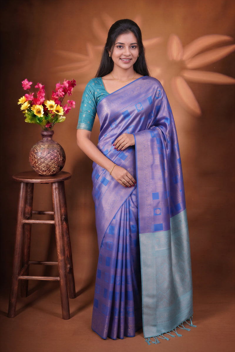 Fancy Cotton Saree | Royal Blue with Silver Grey Border & Lotus Motif Weave | Festive Wear