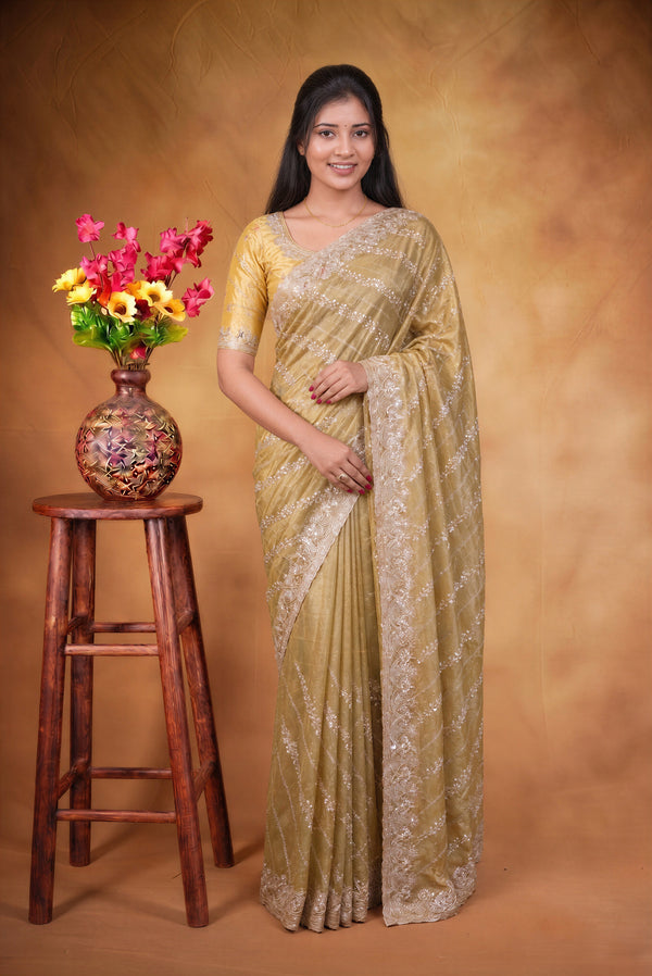 Yellow Designer Saree | Twill Net Embroidered Saree for Wedding & Reception