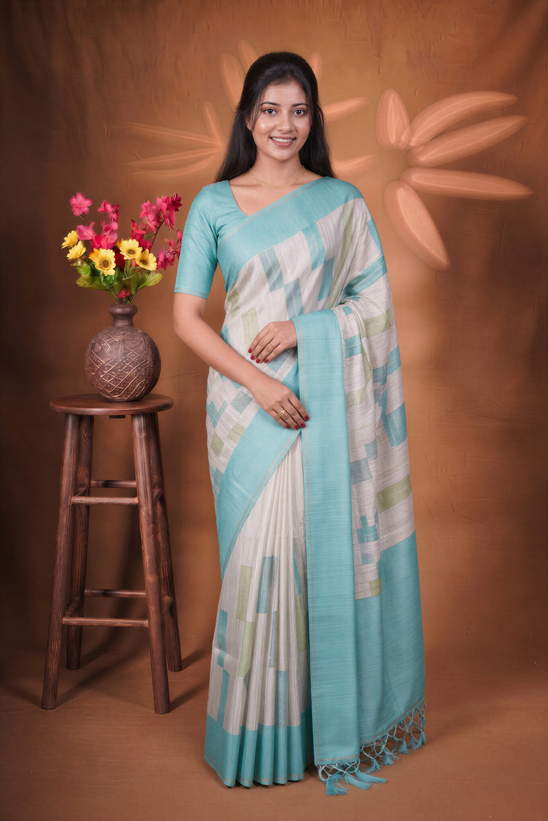 Tussar Silk Saree | Contemporary Abstract Print with Tasseled Sky Blue Border | Casual Ethnic Wear