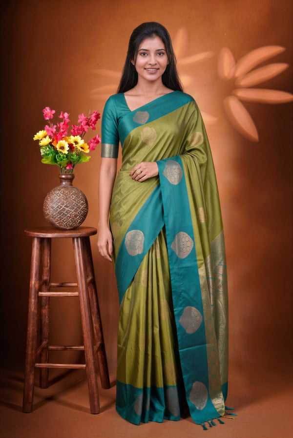 Olive Green Soft Silk Saree | Teal Zari Medallion Border | Traditional Wear