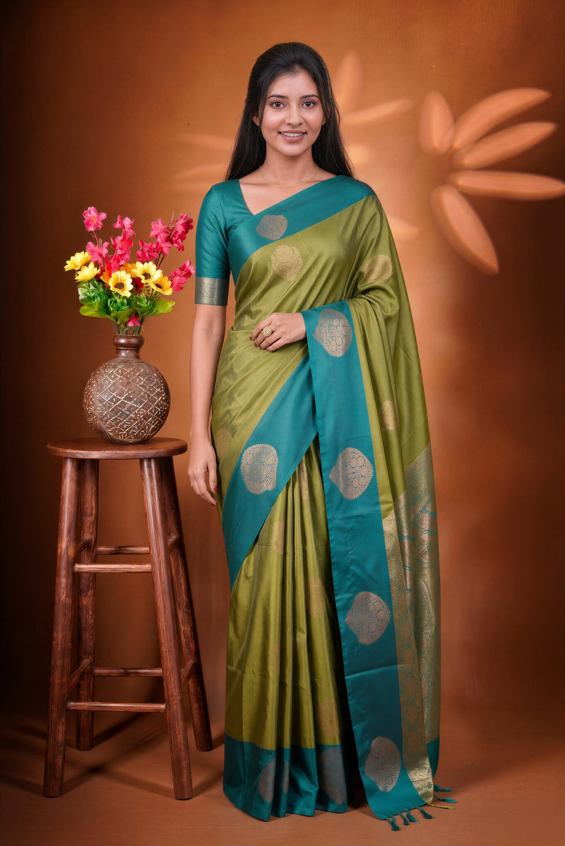 Olive Green Soft Silk Saree | Teal Zari Medallion Border | Traditional Wear