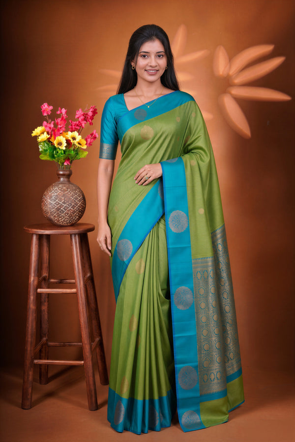 Moss Green Soft Silk Saree | Teal Zari Medallion Border | Festive & Traditional Wear