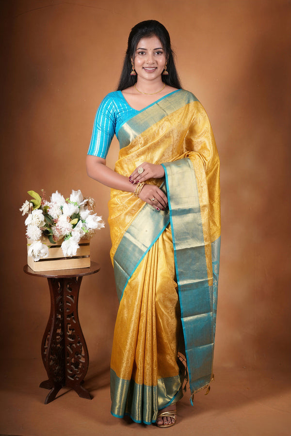 Yellow Tissue Cotton Saree | Teal Zari Border Heavy Zari Body | Festive Occasion Wear