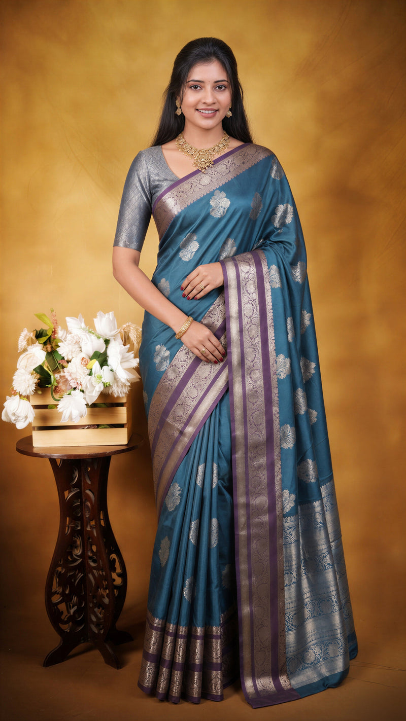 Katan Silk Saree | Teal Blue with Purple Striped Zari Border | Wedding & Festive Wear