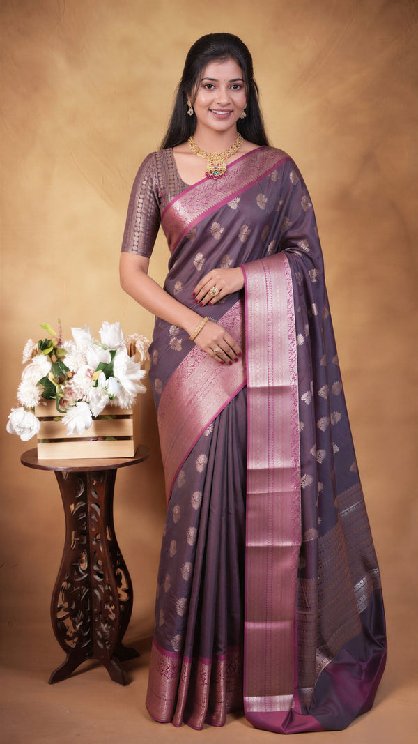 Katan Silk Saree | Plum with Rose Gold Zari Pallu | Traditional Wedding Saree