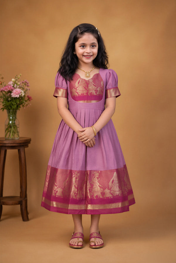 Mauve Pink Girls Frock | Sweetheart Neck Zari Work | Traditional Cotton Silk Wear