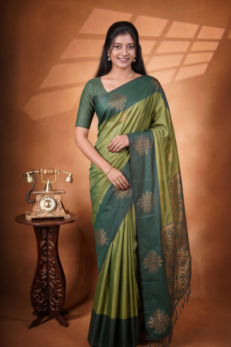 Kolam Design Soft Silk Saree | Moss Green Body with Dark Green Contrast Border | Pooja & Festive Wear