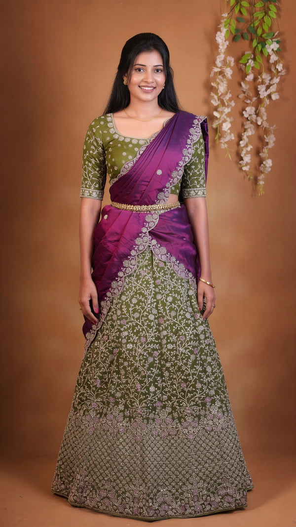 Olive Green Silver Embroidered Lehenga | Purple Contrast Drape | Designer Bridal Wear