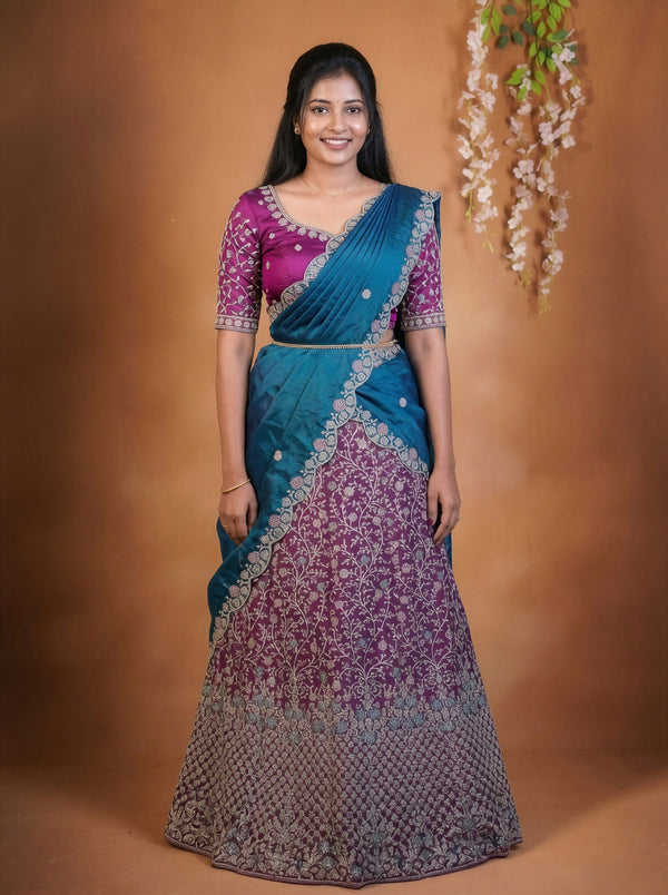 Designer Lehenga Choli | Wine Purple Sequin Work with Teal Scalloped Border | Wedding Wear
