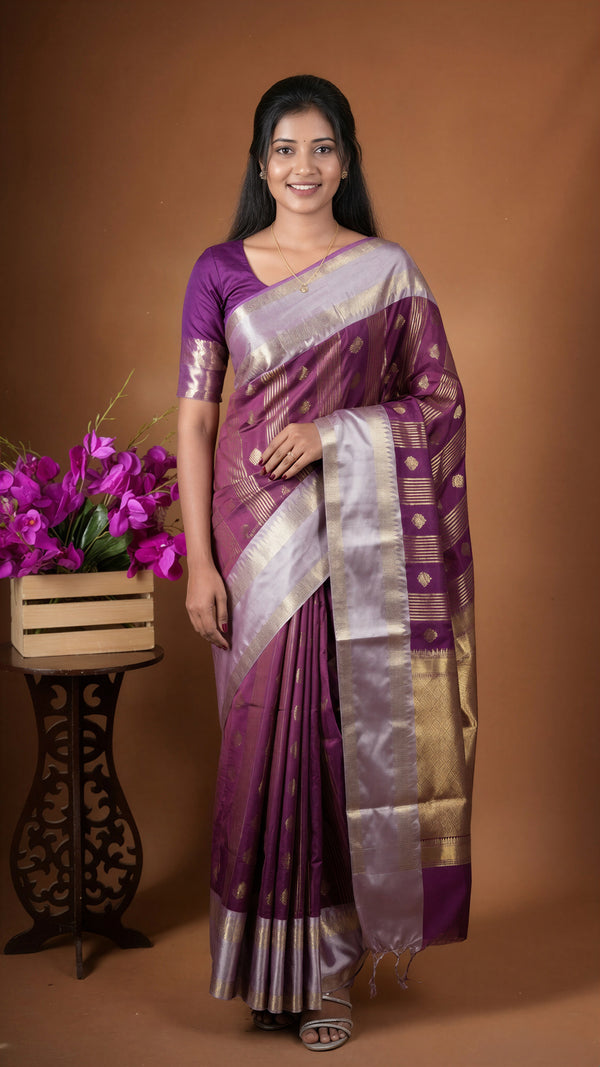 Wine Maroon Kanchipuram Silk Saree | Gold Zari Border | Traditional Festive Wear