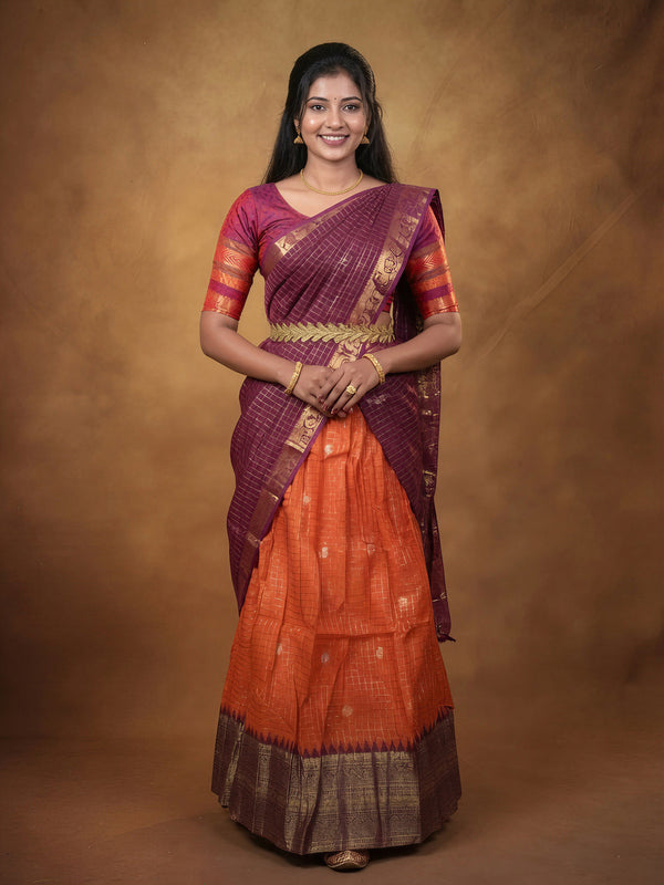 Maroon & Orange Silk Half Saree | Gold Zari Checks Weave with Temple Border | Bridal Wedding Festive Wear