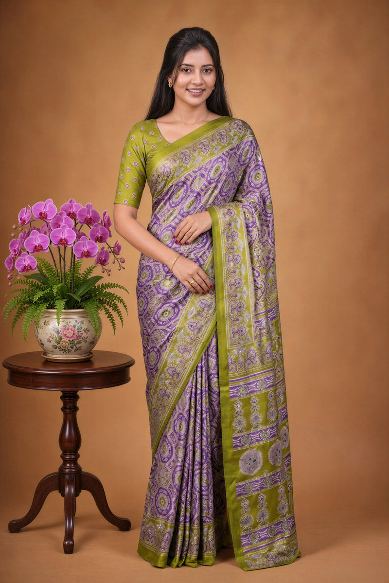 A woman modeling a purple and olive green patterned saree with a matching green blouse, standing next to a small wooden table with a pink orchid arrangement against a solid brown backdrop.