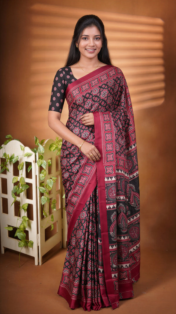 Red Black Masakali Saree | Star Print Satin Saree with Paisley Pallu | Festive Wear