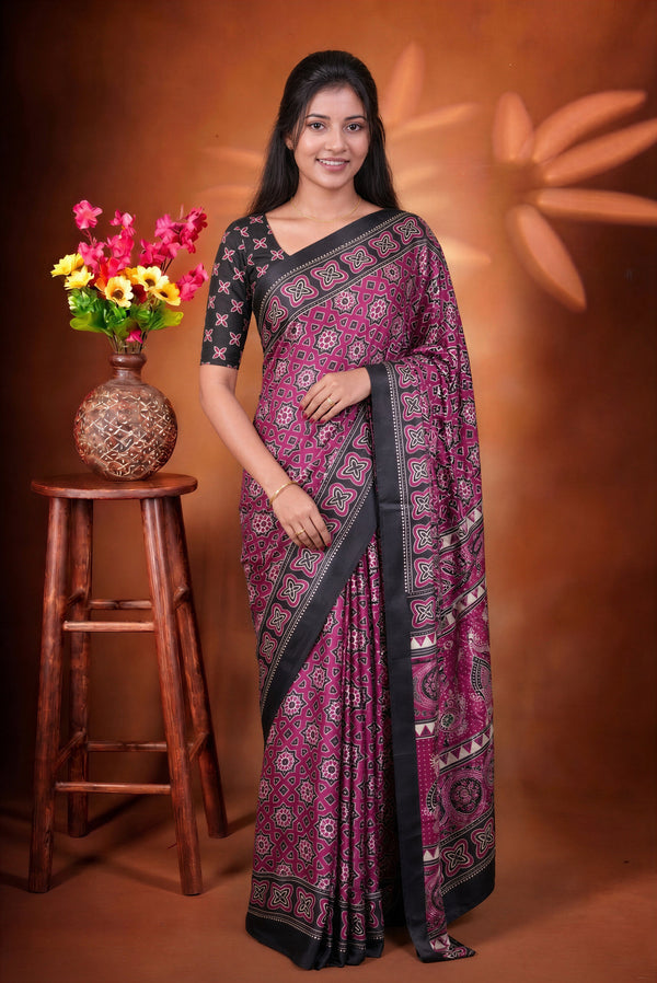 Masakali Satin Saree | Magenta & Black Ajrakh Geometric Print | Festive & Party Wear
