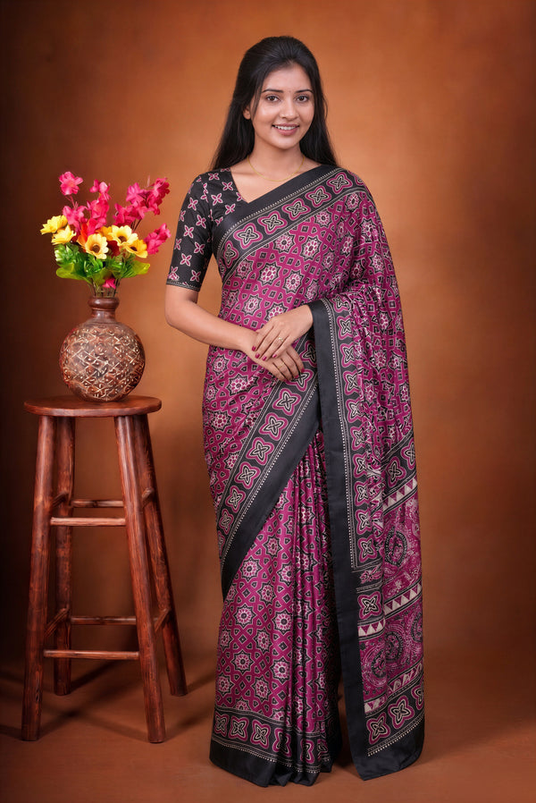 Masakali Satin Saree | Magenta & Black Ajrakh Geometric Print | Festive & Party Wear