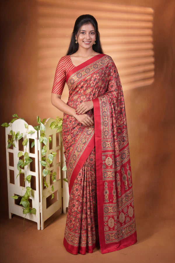 A woman modeling a red and gold patterned saree with a matching red blouse, standing against a warm brown backdrop with decorative plants and a white screen.