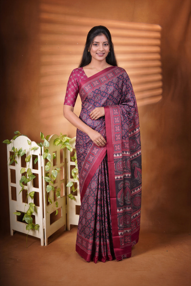 Masakali Satin Saree | Navy & Pink Ajrakh Geometric Design with Peacock Border | Ethnic Wear