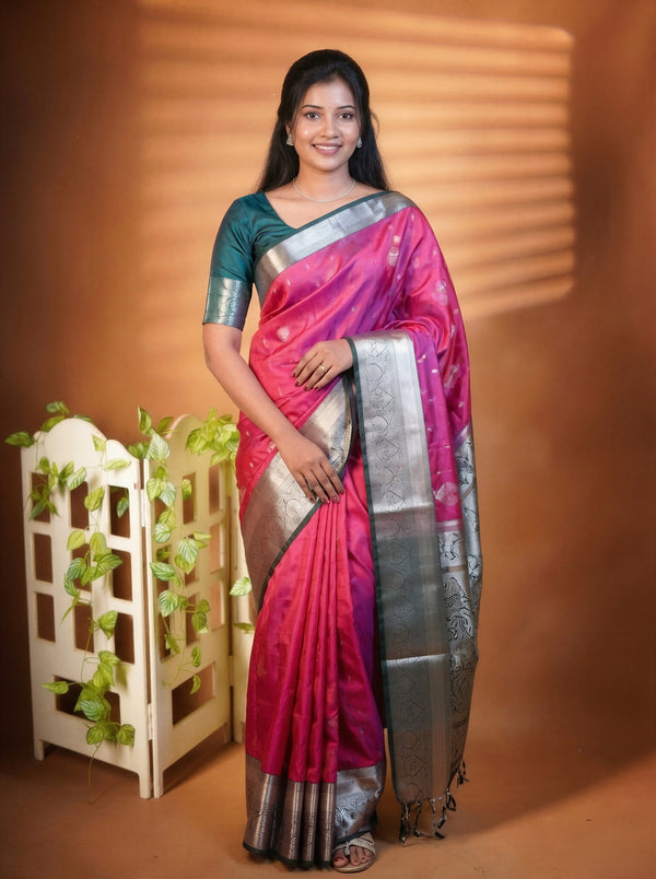 A woman modeling a traditional Indian saree with a vibrant pink body, a teal green blouse, and a wide metallic silver border, set against a warm brown background with decorative plants.
