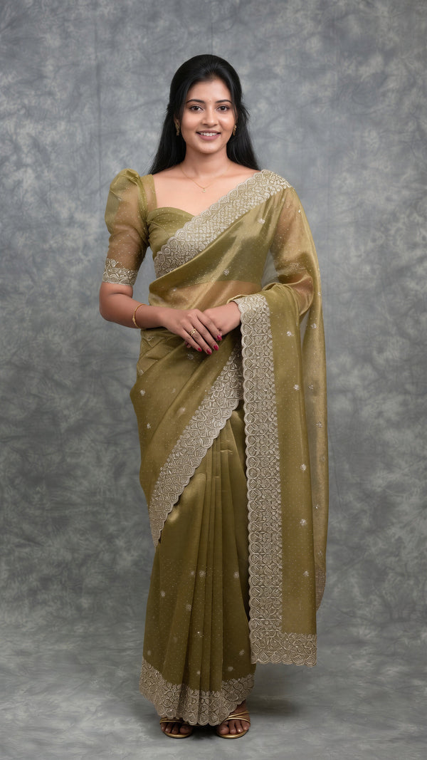 Olive Gold Net Saree | Embroidered Butta Zari Border & Pallu | Wedding Reception Party Wear