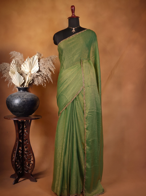 Plain Olive Green Space Silk Saree | Golden Lace Trim | Casual & Festive Wear