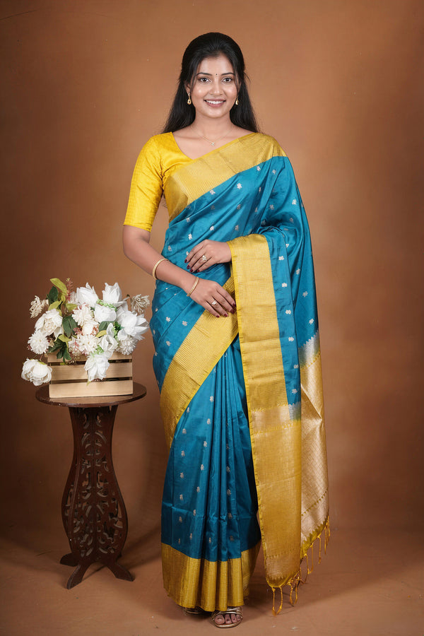 Peacock Blue Soft Silk Saree | Lurex Check Body Yellow Border | Festive Party Wear