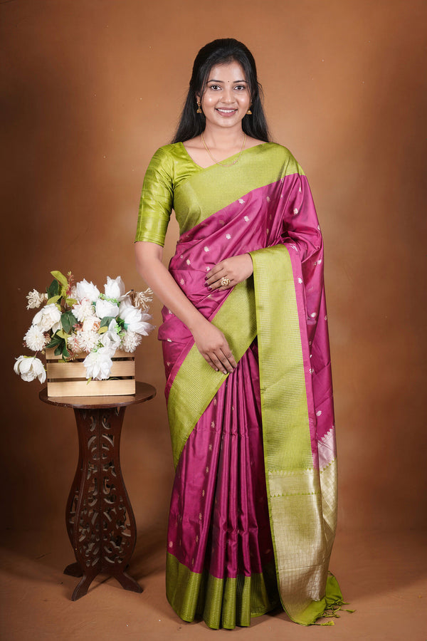 Raspberry Pink Soft Silk Saree | Lurex Check Body Green Border | Festive Party Wear