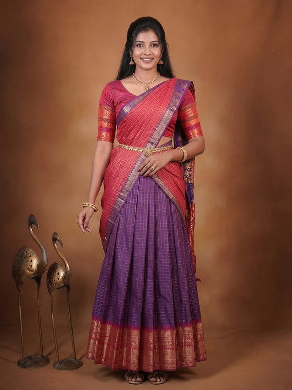 Pink & Purple Silk Half Saree | Gold Zari Checks Weave with Temple Border | Bridal Wedding Festive Wear
