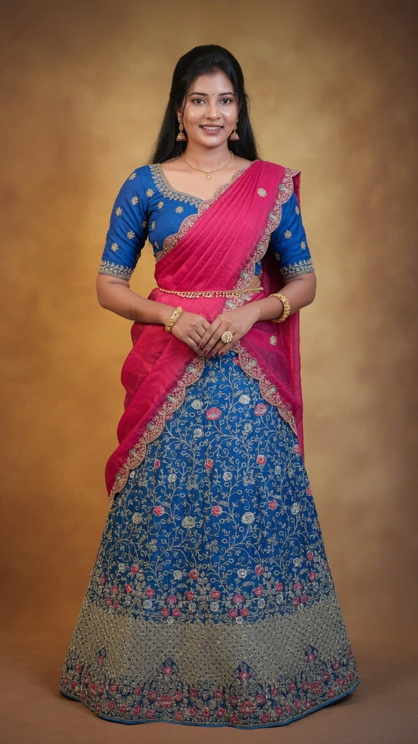 Peacock Blue Silver Embroidered Lehenga | Hot Pink Contrast Drape | Designer Bridal Wear