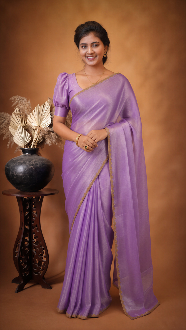 Lavender Purple Space Silk Saree | Plain Silk with Gold Beaded Lace Border | Office & Festive Wear