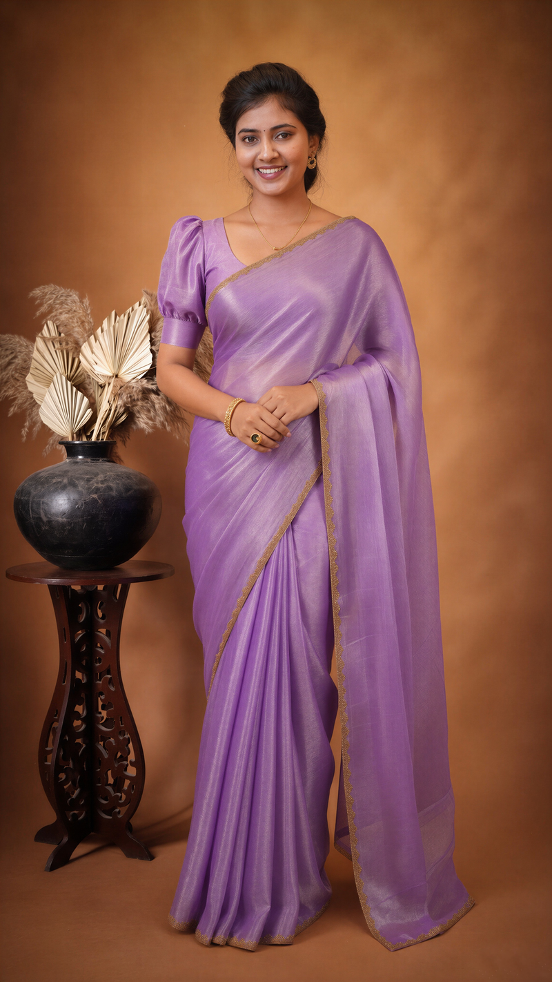 Lavender Purple Space Silk Saree | Plain Silk with Gold Beaded Lace Border | Office & Festive Wear