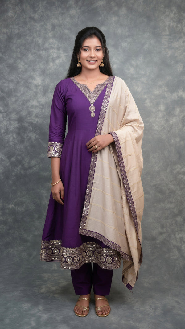 Royal Purple Silk Anarkali Set | Gold Embroidery Mirror Work | Wedding & Festive Wear M–XXXL