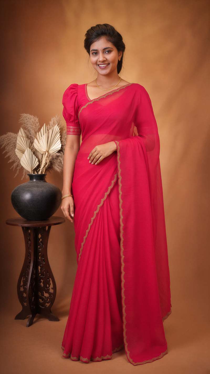 Space Silk Saree | Crimson Red Solid with Scalloped Gold Trim | Elegant Party Wear