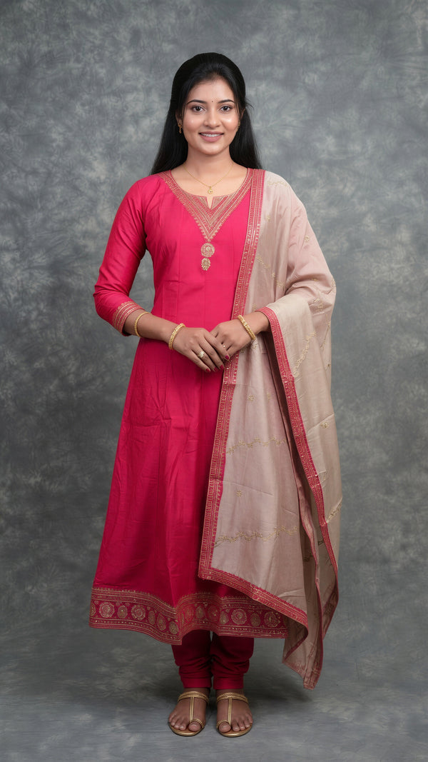 Rani Pink Silk Anarkali Chudithar Set | Gold Zari Sequin Work | Festive & Wedding Occasion Wear