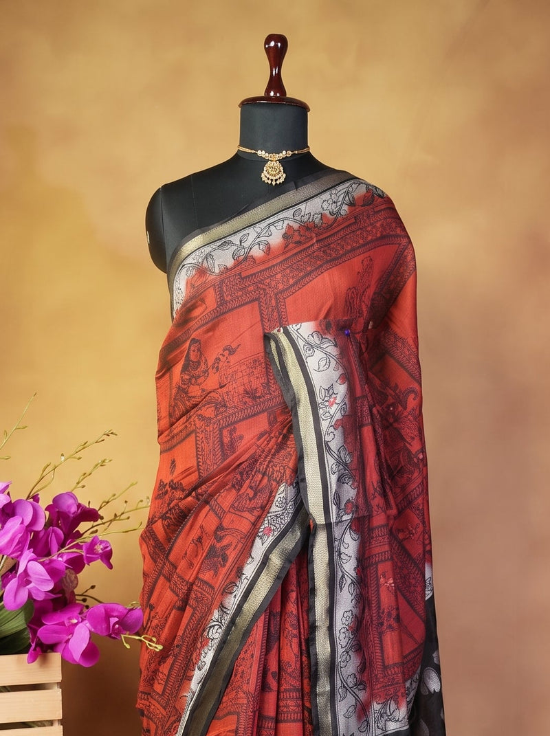 A printed saree displayed on a black dress form mannequin, featuring a rust red and black patterned body with a gray and black border. The mannequin is set against a warm brown studio backdrop, with a small wooden stand holding a vase of purple flowers on the left.